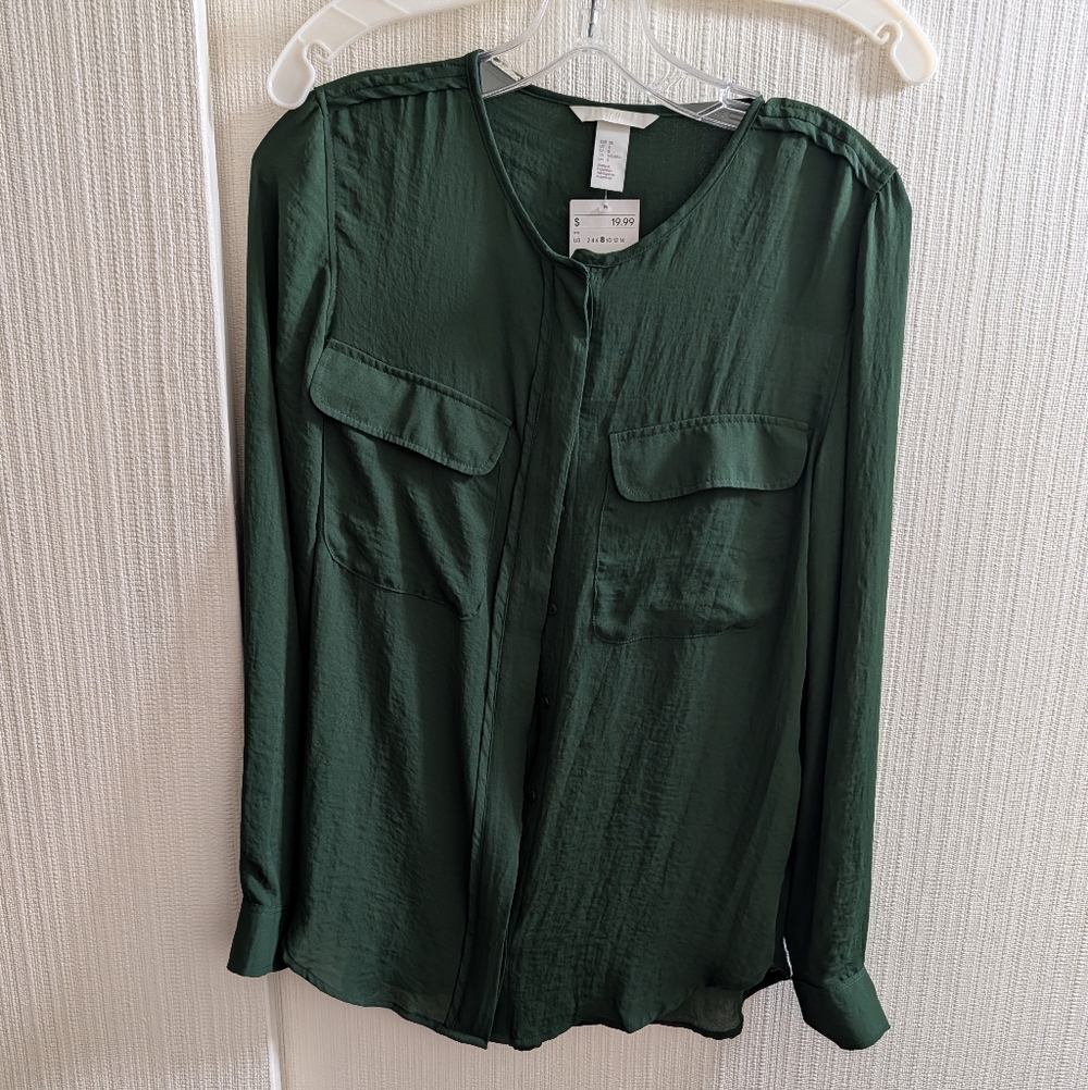 H&M NWT Women's Dark Green LS Blouse Size 8